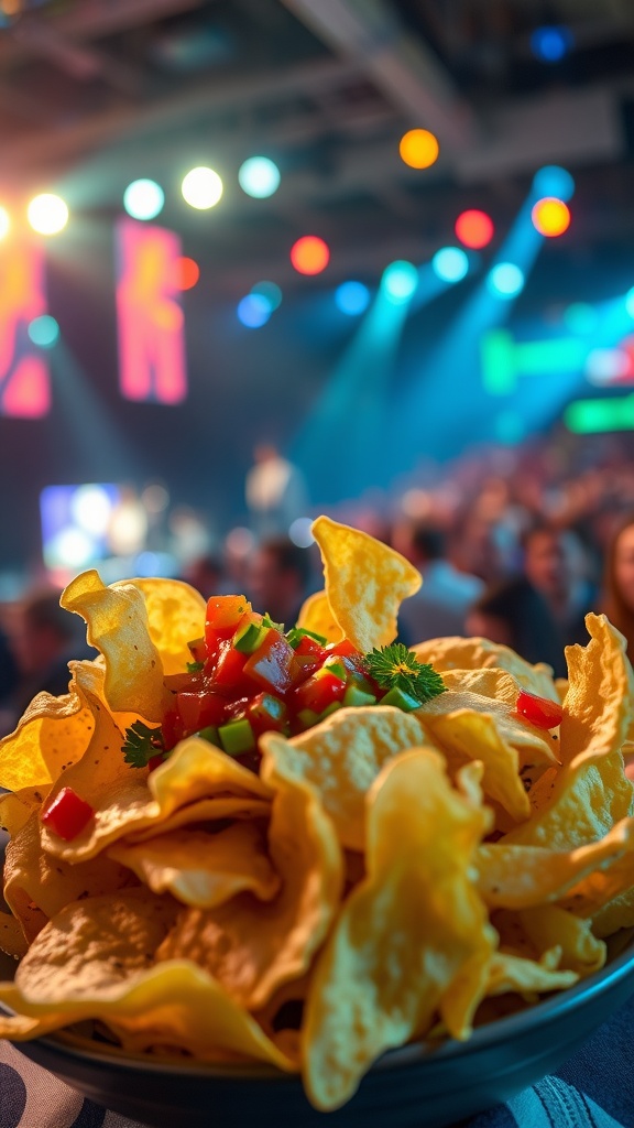 A plate of cabbage chips topped with salsa and cilantro at a concert.