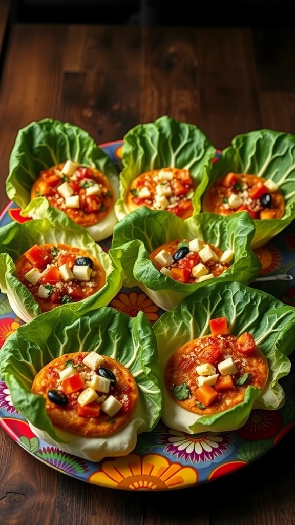 A colorful plate with cabbage leaf pizzas topped with sauce, vegetables, and cheese.