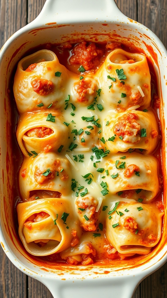 A delicious cabbage roll casserole topped with melted cheese in a white bowl.