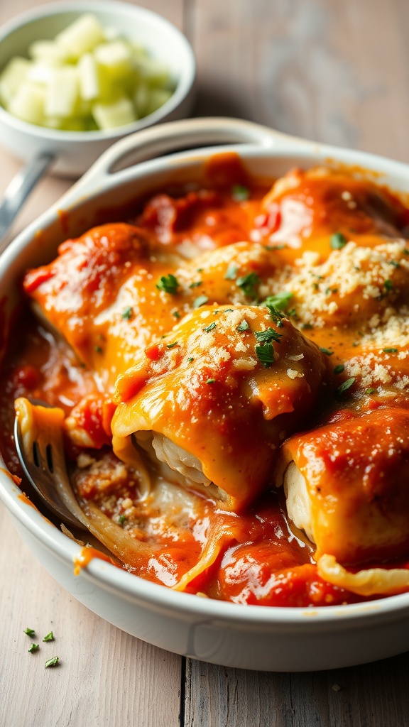 A delicious cabbage roll casserole topped with cheese and herbs, served in a white dish with a side of diced cucumbers.