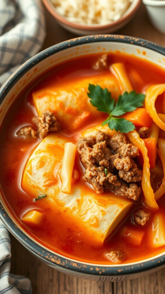 A bowl of cabbage roll soup with meat-filled cabbage rolls floating in a rich red broth, surrounded by fresh ingredients.