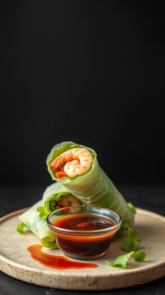 Plate of cabbage roll spring rolls with shrimp and dipping sauce