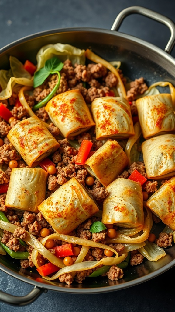 A close-up of Cabbage Roll Stir-Fry with rolled cabbage, ground meat, and colorful vegetables.