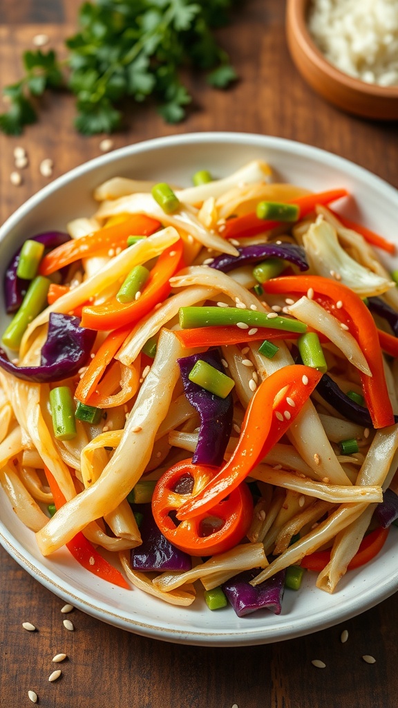 A vibrant plate of cabbage stir-fry featuring colorful bell peppers and green onions.