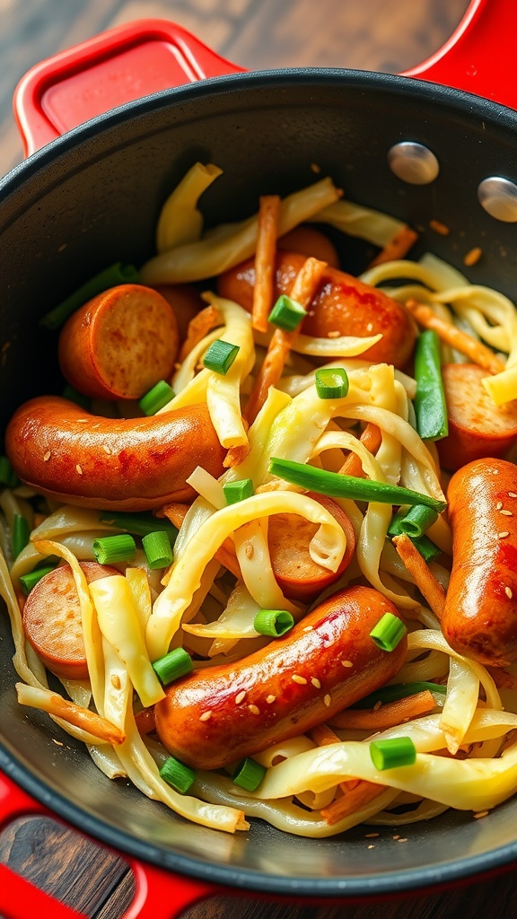 A vibrant cabbage stir-fry with sausage in a red pot, featuring green onions and sliced sausage.