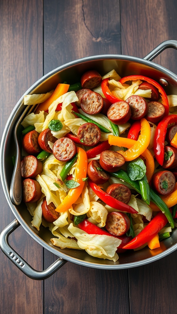 A vibrant cabbage stir-fry with sausage and colorful peppers in a pan.