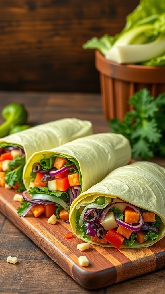 Three cabbage wrap sandwiches filled with colorful vegetables on a wooden cutting board.