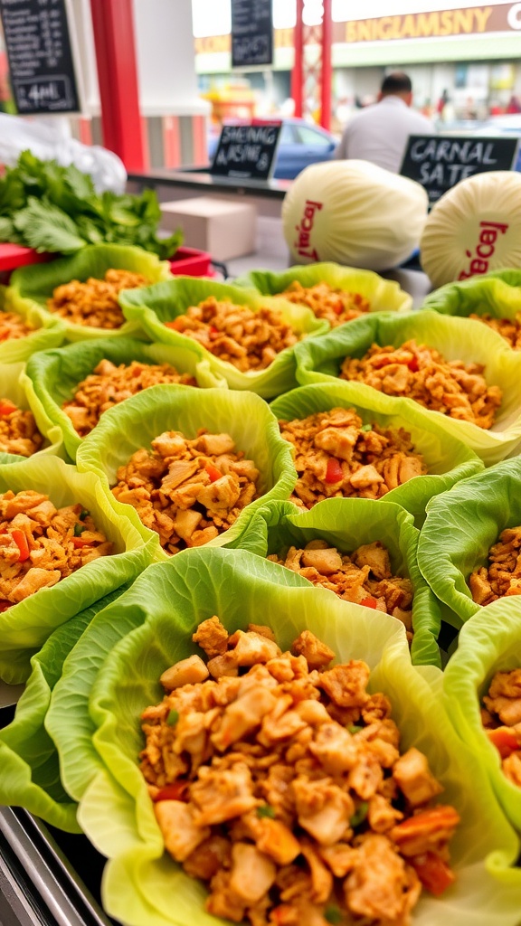 Cabbage wraps filled with Asian chicken on a market stall