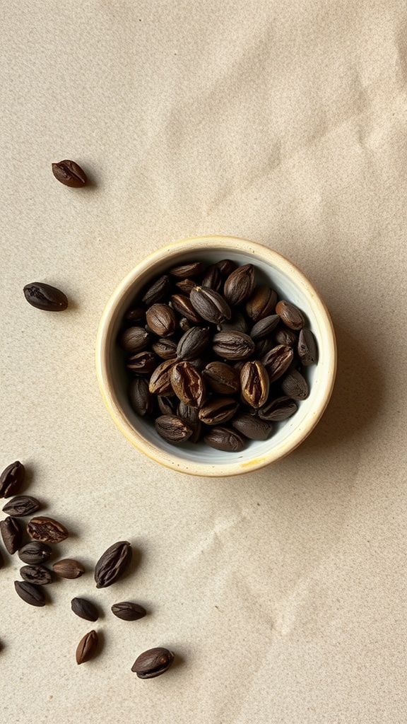 A bowl of cacao nibs on a textured surface.