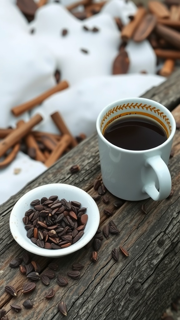 A close-up of cacao nibs in a small white bowl next to a cup of coffee on a wooden surface.