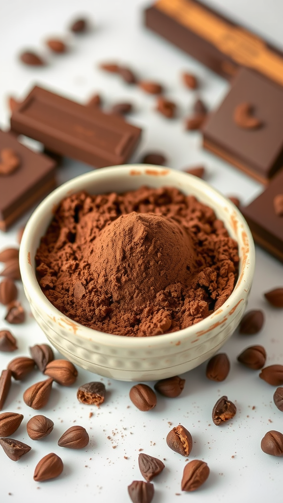 A bowl of cacao powder with chocolate bars and coffee beans scattered around.