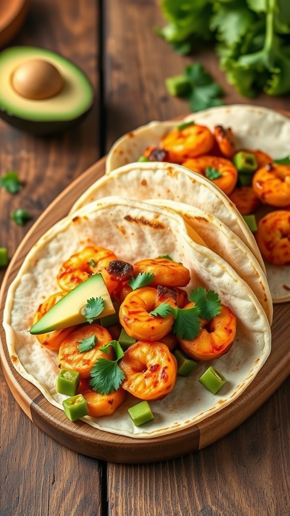 Cajun air fryer shrimp tacos served in soft tortillas with cilantro and avocado.