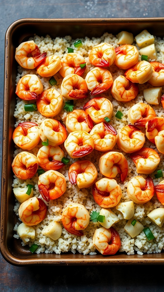 A sheet pan meal featuring seasoned shrimp on a bed of cauliflower rice.