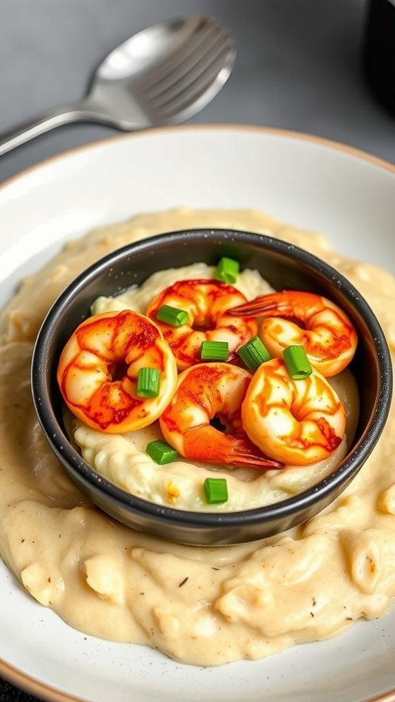 A plate of Cajun shrimp and grits with shrimp on creamy grits, garnished with green onions.