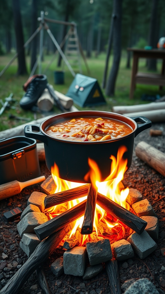 A pot of chili simmering over a campfire in the woods.