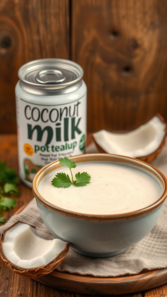 A bowl of creamy coconut milk with a can of coconut milk and fresh coconut shells on a wooden background.