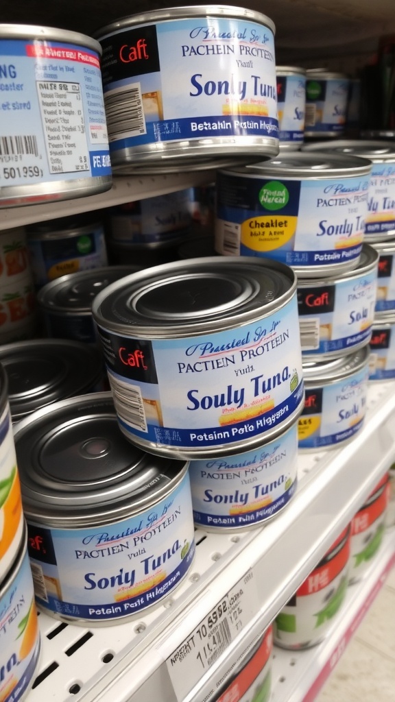 A variety of canned tuna products on a store shelf.