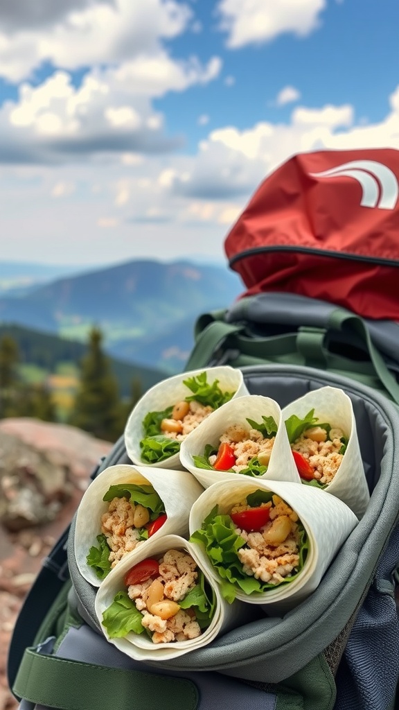 A close-up of canned tuna salad wraps in a backpack, surrounded by nature.