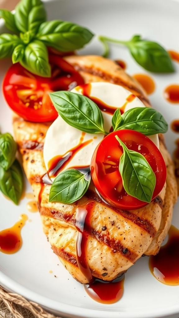 Grilled chicken topped with mozzarella, tomatoes, and basil on a plate.