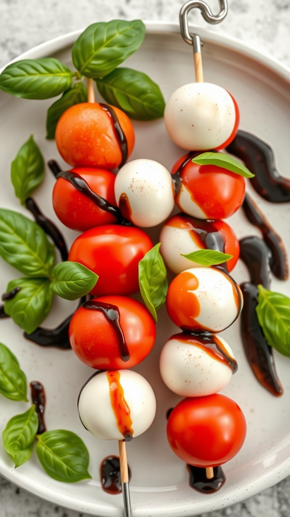 Skewers of cherry tomatoes, mozzarella, and basil arranged on a wooden platter