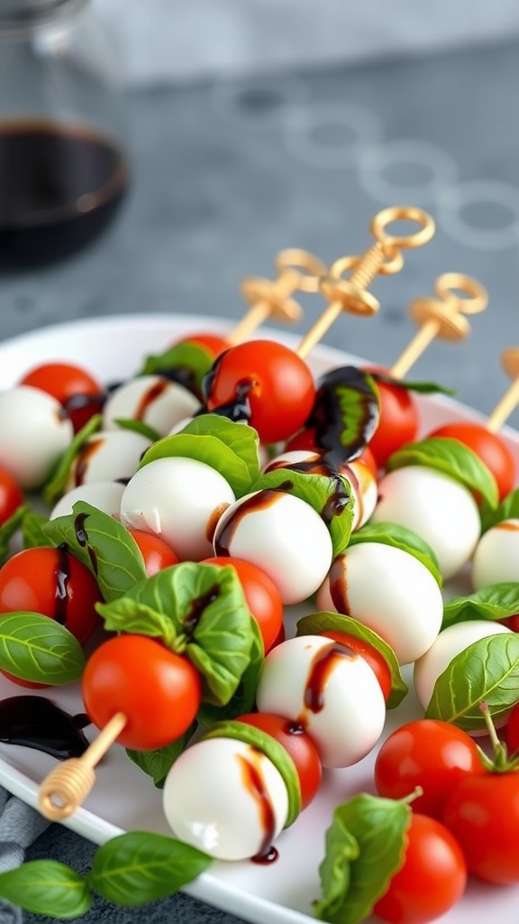 Caprese salad skewers with cherry tomatoes, mozzarella balls, basil, and balsamic glaze on a white plate.