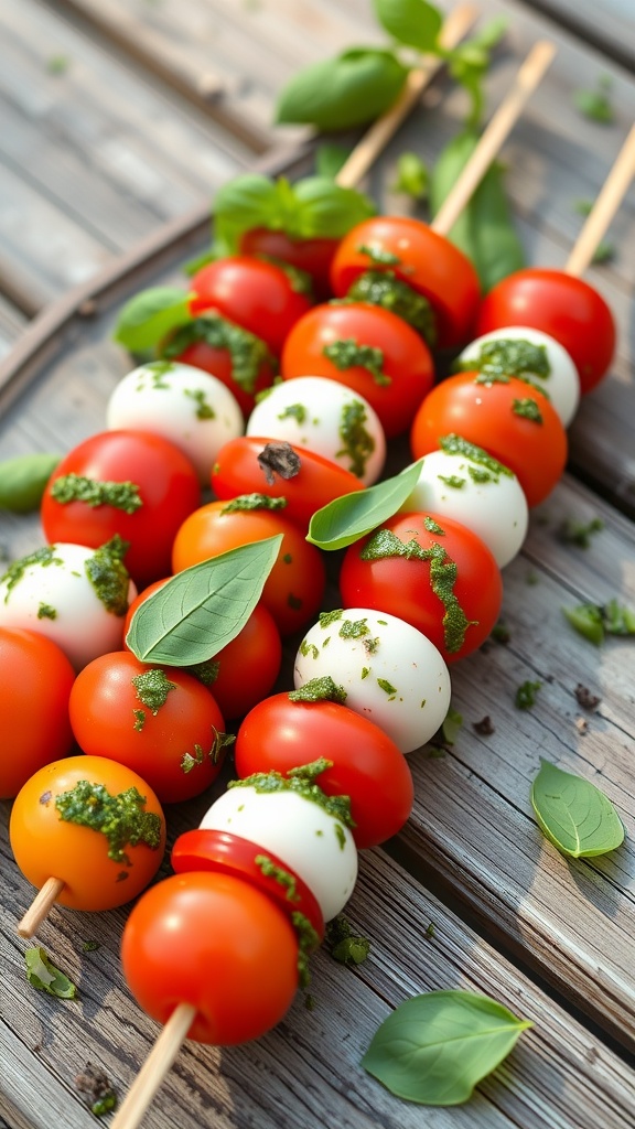 Colorful Caprese salad skewers with cherry tomatoes, mozzarella balls, and pesto on a wooden surface.