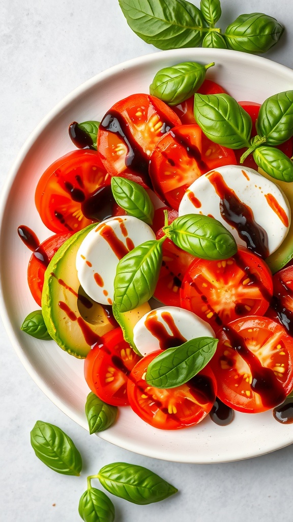 A vibrant Caprese salad featuring slices of avocado, mozzarella, and tomatoes, garnished with fresh basil and balsamic drizzle.