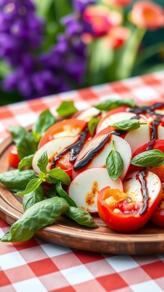 A plated Caprese salad with mozzarella, tomatoes, basil, and balsamic glaze on a checkered tablecloth.