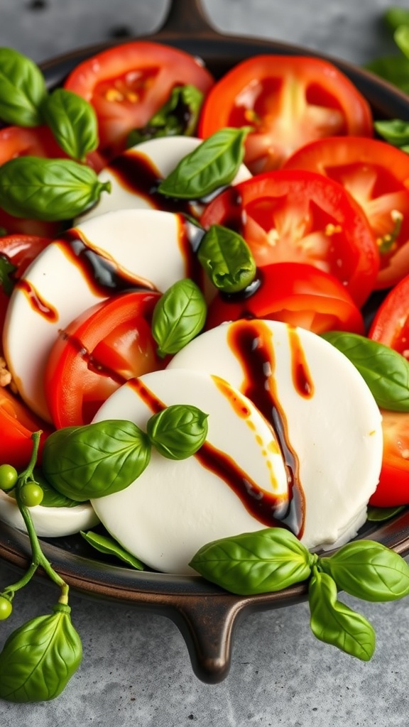 A vibrant Caprese salad featuring slices of mozzarella and tomatoes, garnished with fresh basil and a drizzle of balsamic glaze.