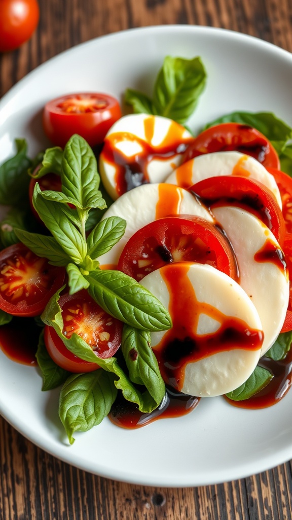 A plate of Caprese salad featuring slices of mozzarella cheese, cherry tomatoes, and fresh basil leaves drizzled with balsamic glaze.