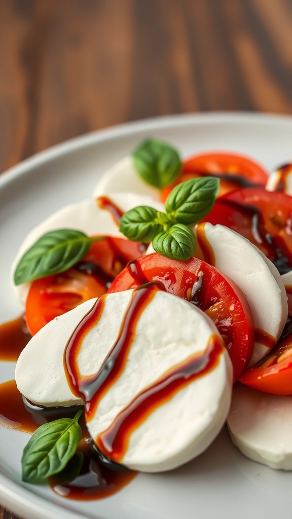 Plate of Caprese salad with mozzarella, tomatoes, and balsamic reduction