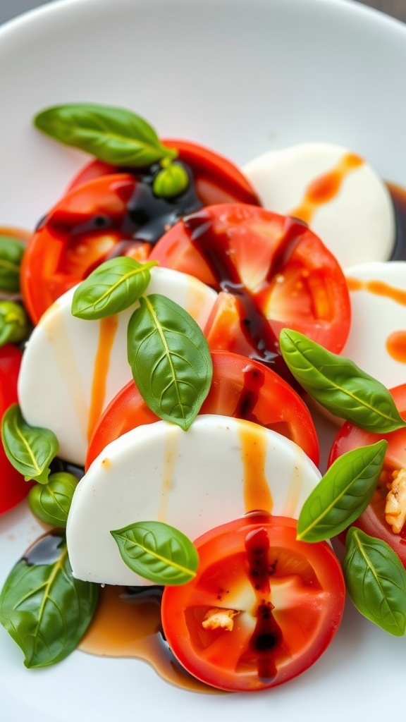 A plate of Caprese salad featuring slices of mozzarella and tomato topped with fresh basil and a drizzle of balsamic reduction.