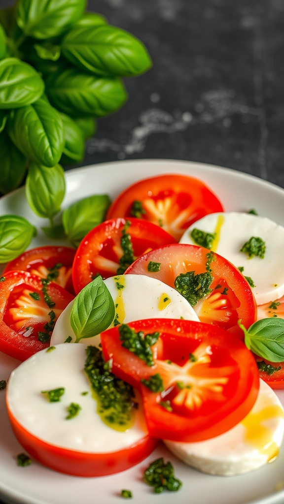 Caprese salad with basil pesto featuring slices of tomato, mozzarella, and fresh basil leaves.