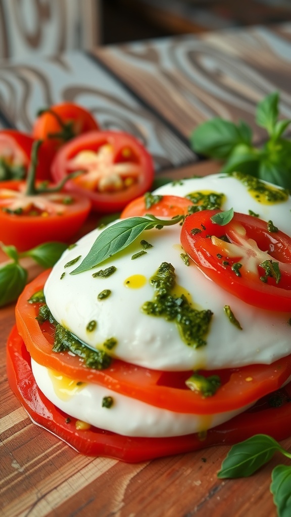 Caprese salad with layers of tomatoes, mozzarella, and basil pesto on a wooden surface.