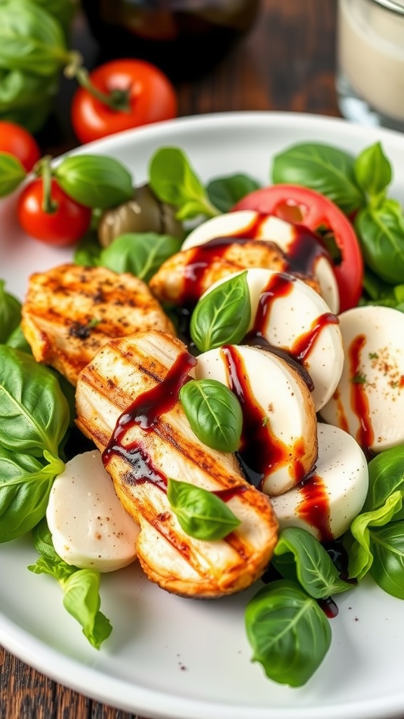 A plate of Caprese salad featuring grilled chicken, mozzarella, tomatoes, and basil.