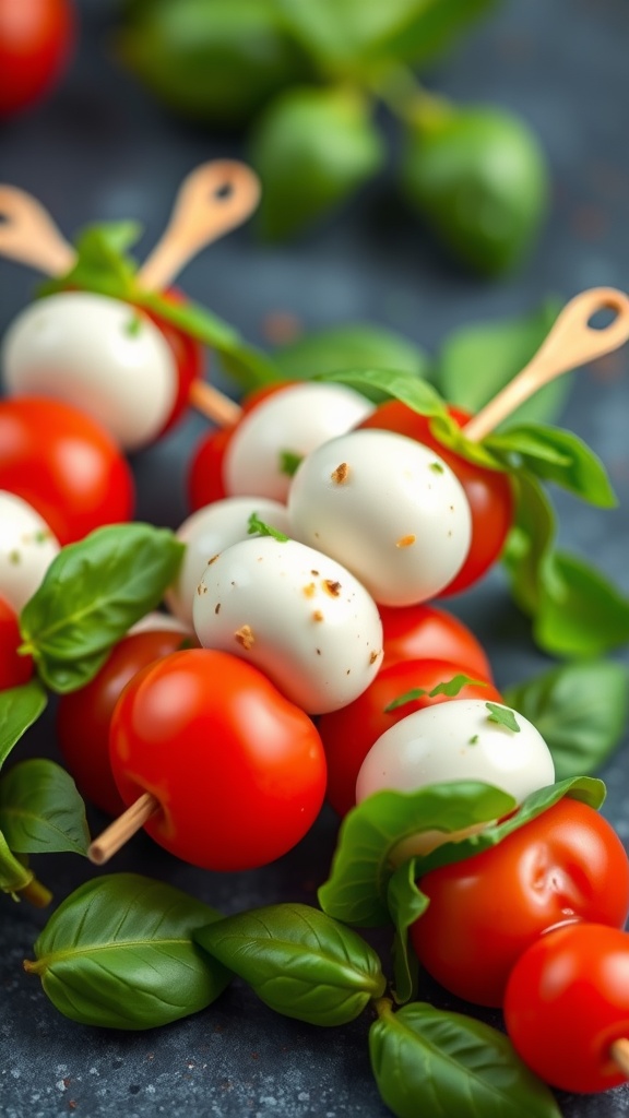 Caprese skewers with cherry tomatoes, mozzarella balls, and basil leaves on a dark background