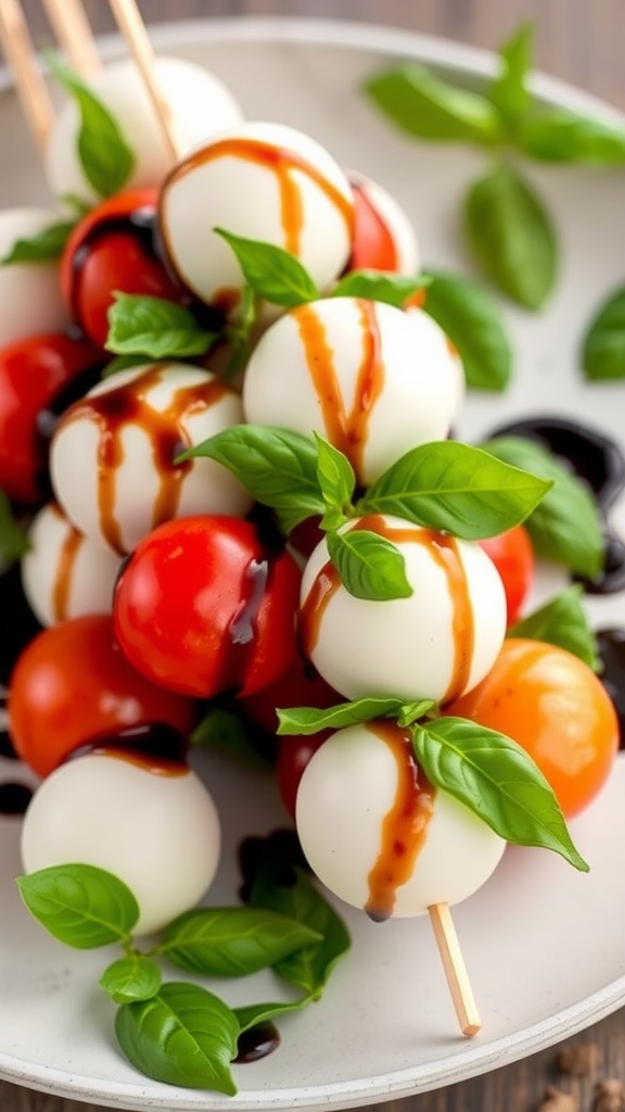 Caprese skewers with cherry tomatoes, mozzarella, and basil drizzled with balsamic glaze.