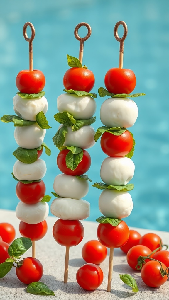 Three caprese skewers with mozzarella, cherry tomatoes, and basil against a pool background.