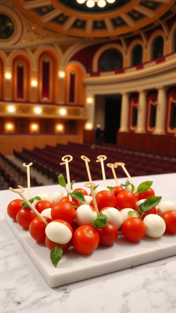 A platter of Caprese skewers with mozzarella, cherry tomatoes, and basil in a beautiful hall setting.