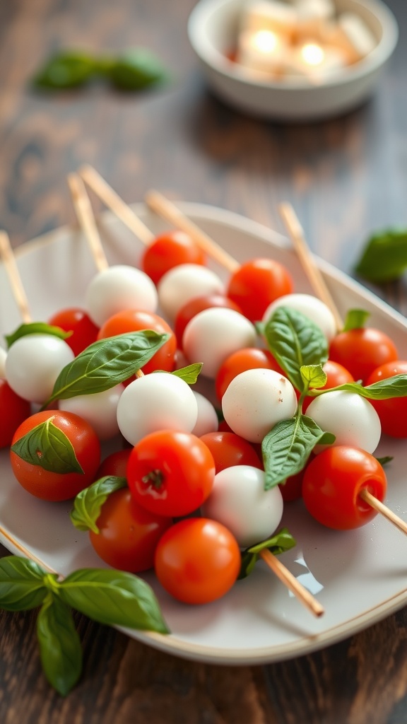 A plate of Caprese skewers with cherry tomatoes, mozzarella balls, and basil leaves.