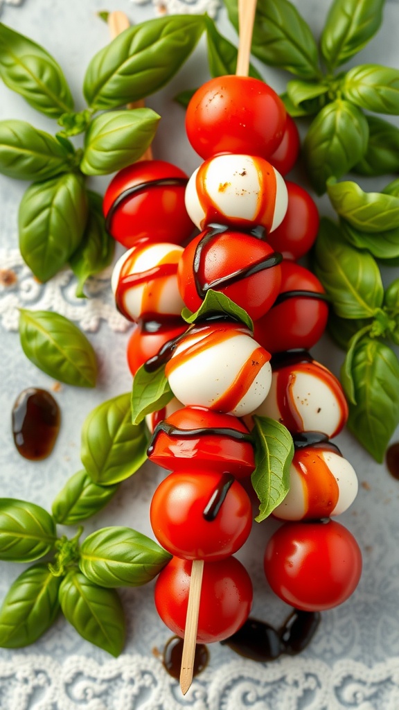 Skewers with mozzarella, cherry tomatoes, and basil drizzled with balsamic glaze on a striped towel.