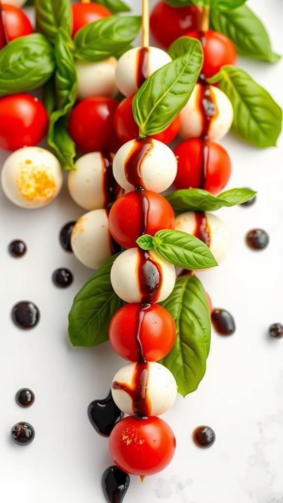 Caprese skewers with cherry tomatoes, mozzarella balls, and basil drizzled with balsamic glaze.