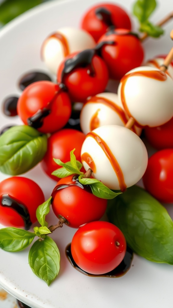 Caprese skewers with cherry tomatoes, mozzarella balls, and basil drizzled with balsamic glaze.