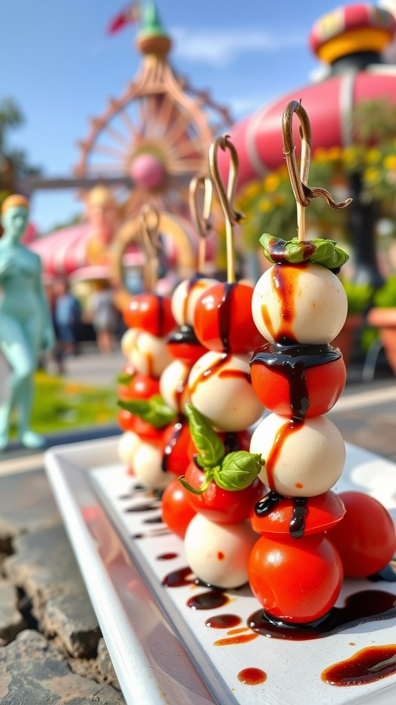 A plate of Caprese skewers featuring tomatoes, mozzarella, and basil drizzled with balsamic glaze.