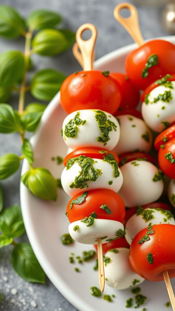 A plate of Caprese skewers featuring cherry tomatoes, mozzarella balls, and basil pesto.