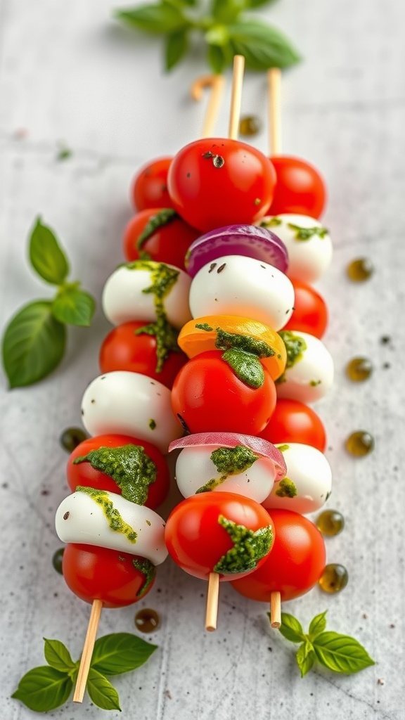 Caprese skewers featuring cherry tomatoes, mozzarella balls, and basil pesto