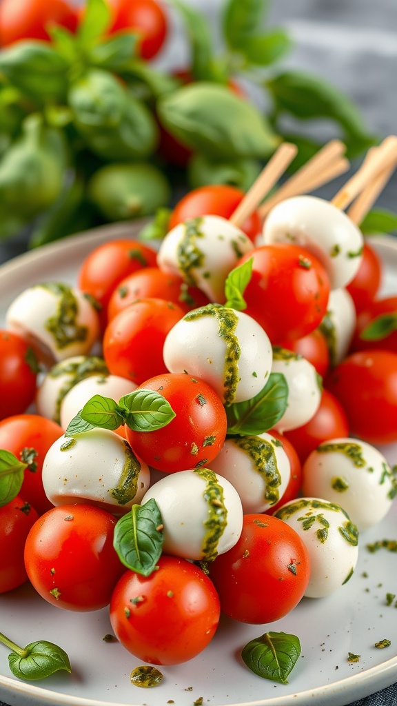 A plate of colorful Caprese skewers with cherry tomatoes, mozzarella balls, and basil, drizzled with pesto.