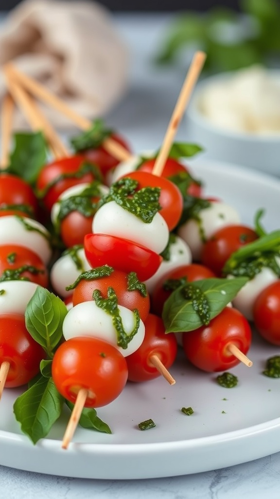 A plate of Caprese skewers featuring cherry tomatoes, mozzarella balls, and basil drizzled with pesto.