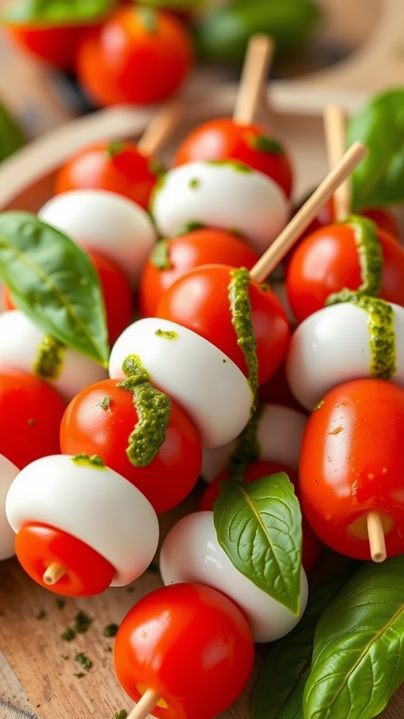 Colorful Caprese skewers with cherry tomatoes, mozzarella, basil, and pesto