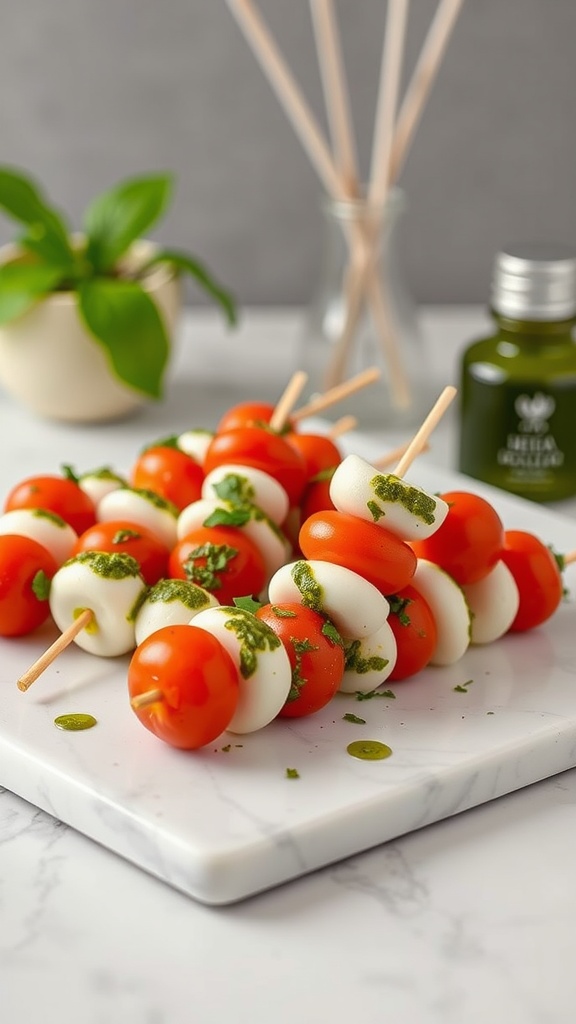 A platter of Caprese skewers with mozzarella, cherry tomatoes, and pesto.